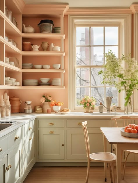 Peach Pantone, Pink Kitchen Walls, Peach Rooms, Color Of The Year 2024, Peach Kitchen, Pantone 2024, Color Melon, 2024 Home Decor, Peach Walls