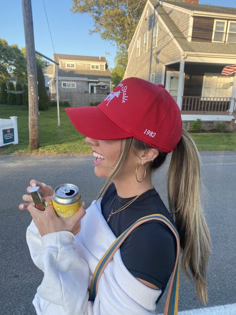 Red hat, gold jewerly, skims, ponytail, cape cod, summer Hat And Ponytail, Ponytail With Hat, Trucker Hat Hairstyles, Hat Hairstyles Short Hair, Ally Nicole, Hairstyles With A Hat, Hat With Ponytail, Baseball Hat Hairstyles, Baseball Cap Hairstyles