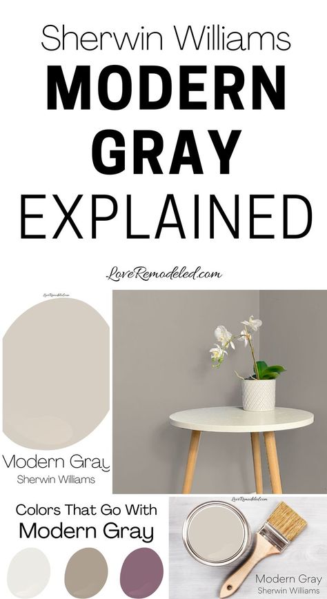 Modern Gray, by Sherwin Williams, is a taupe paint color with warm undertones. It is subtle and balanced, making it a great paint color for many homes. Get all the details here, including color schemes, trim colors, and more. Modern Gray Sherwin Williams, Gray Paint Colors Sherwin Williams, Taupe Color Schemes, Colours That Go With Grey, Taupe Paint Colors, Taupe Paint, Sherwin Williams Gray, Trim Colors, The Undertones