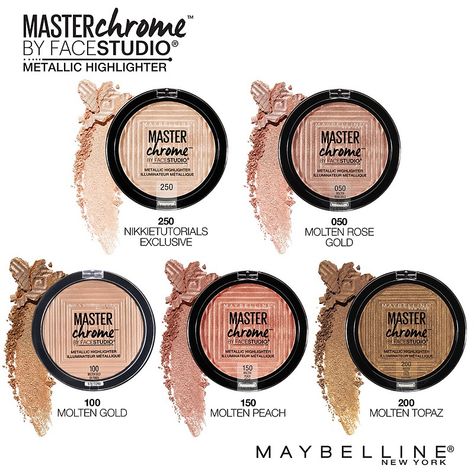 Cheek Heat Blush, Maybelline Master Chrome Highlighter, Master Chrome Highlighter, Maybelline Cheek Heat, Maybelline Highlighter, Highlighter Swatches, Molten Gold, Highlighter Powder, Chrome Powder