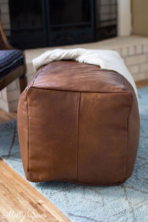 Leather Pouf Ottoman - Melly Sews Diy Poofs Ottoman, Diy Ottoman Pouf, Diy Leather Ottoman, Diy Pouf Ottoman, Pouf Ottoman Diy, Leather Pouffe, Leather Poof, America Wedding, Ottoman Square