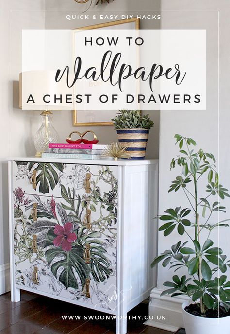 Wallpapered Dresser Drawers, How To Use Wallpaper On Furniture, Wall Paper On Furniture, Redo Chest Of Drawers, Using Wallpaper On Furniture, Wallpaper On Drawers, Diy Dresser Makeover With Wallpaper, Adding Wallpaper To Furniture, Decoupage Wallpaper