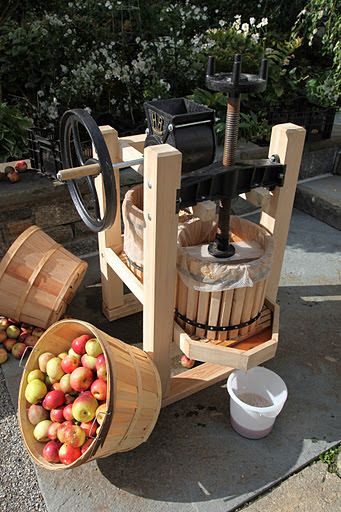 Martha Stewart makes cider:  About sixteen pounds of apples will yield one gallon of cider.  The apples you use needn’t be flawless, but they should be free of spoilage, which would cause the juice to ferment too rapidly. Cider Making Process, Apple Cider Press, Making Apple Cider, Distilling Equipment, Apple Press, Cider Press, Cider Bar, Honey Crisp, Cider Mill