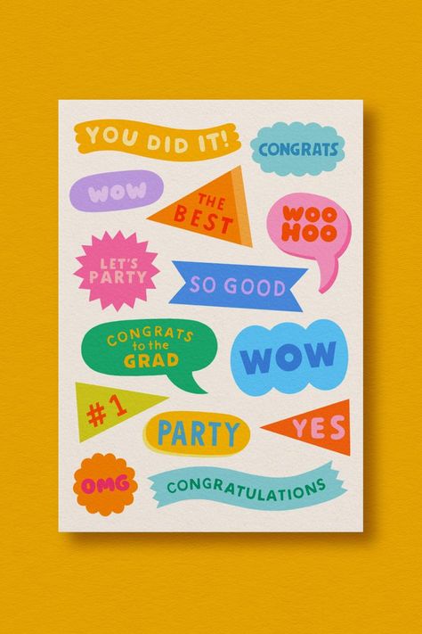 Greeting card design featuring multiple colourful shapes like banners, stars and speech bubbles with text reading 'you did it', 'wow' and 'congratulations. The card is on a warm yellow background. Congrats Quotes, Graphic Design Styles, Page Layout Design, Graphic Design Cards, Grad Cards, Congrats Card, Stationery Inspiration, 카드 디자인, Stationary Cards