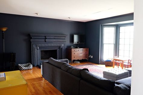 navyden01s Hale Navy Living Room, Hale Navy Walls, Trim Fireplace, Benjamin Moore Historical Colors, Navy Living Room, Benjamin Moore Exterior Paint, Foyer Paint Colors, Navy Paint Colors, Navy Blue Paint Colors