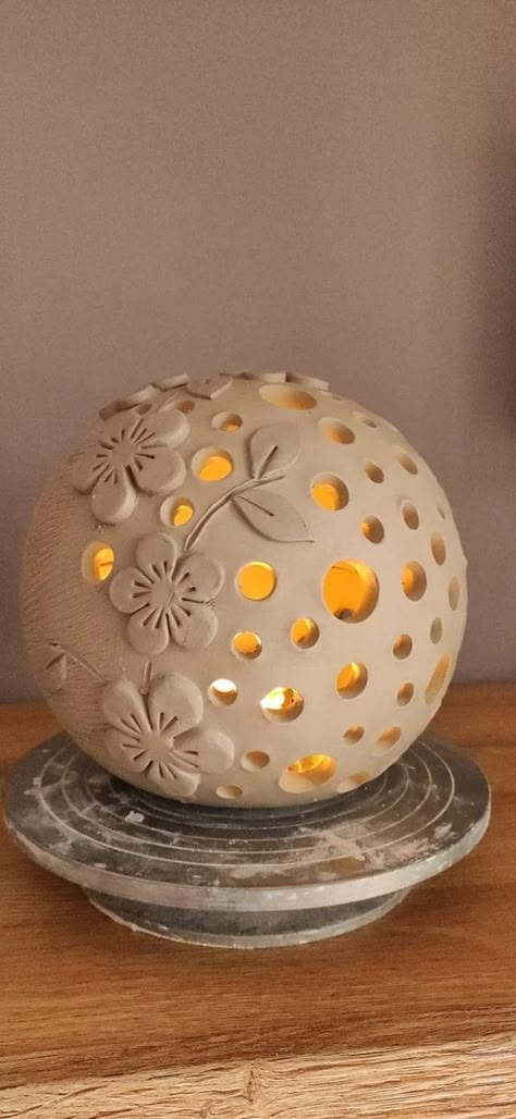 Pottery Luminary Ideas, Ceramic Orb Ideas, Pottery Sphere Ideas, Luminaries Clay, Luminary Ceramic Ideas, Sphere Ceramics Ideas, Luminaries Ceramic, Clay Lanterns Ideas, Clay Art Flower