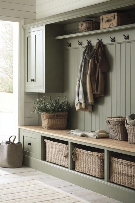 Mudroom Floors Ideas, Rustic Mudroom Ideas Farmhouse Style, Green Cabinets Mudroom, Family Mudroom Ideas, Mud Room Walls, Big Mudroom Ideas, Cottagecore Mudroom, Mud Room Entry Farmhouse, Beige Mudroom