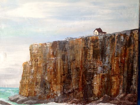 House on a Cliff acrylic painting by Linda Crocco of #lindacroccostudio #painting #art #cliff House On A Cliff Drawing, Standing On A Cliff Drawing, Cliff Painting Acrylic, House On Cliff, Cliff Painting, House On A Cliff, Paint Practice, Cliff Art, Postcard Ideas