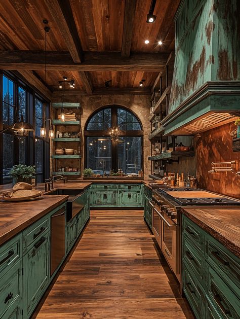 Green Kitchen Bliss Forest Green Kitchen, Cottage Core Vibes, Forest Cottage, Cottage Kitchen, Green Kitchen, Cottage Core, Forest Green, Dream House, Cottage