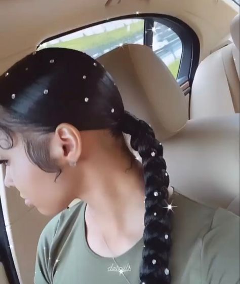 Rhinestone Ponytail Braid, Braided Ponytail With Pearls, Black Kid Hairstyles, Hair Clips Braids, Rhinestone Ponytail, Braided Ponytail Weave, Prom 2k24, Baddie Lifestyle, Sparkle Pony