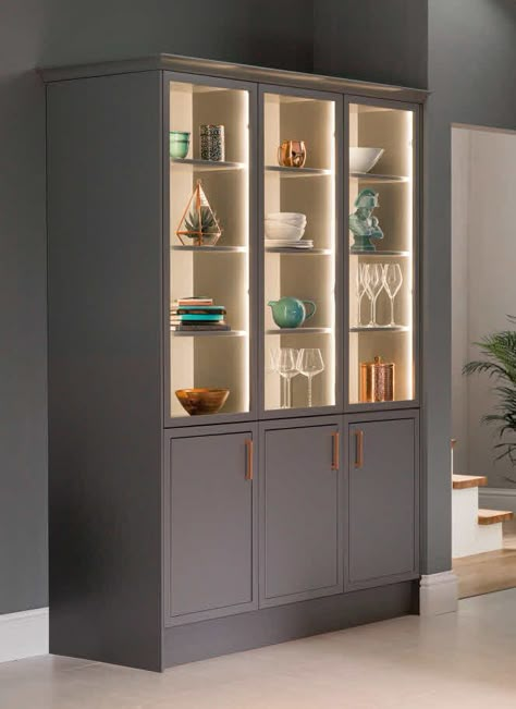 Newbury Grey Crokeries Cabinet Design, Dinning Crockery Cabinet, Crocery Almirah Designs, Vertical Crockery Unit Design, Crockery With Tall Unit, Crockery Unit Glass Door Design, Crockery Units Modern, Kitchen Crockery Unit Design, Kitchen Crocery Almirah