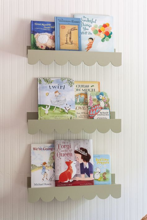 Our Sweet & Feminine Nursery Reveal - Sincerely, Marie Designs Kids Bookshelf Styling, French Themed Nursery, Paint Color Swiss Coffee, Colorful Bookshelves, Whimsical Kids Room, Book Themed Nursery, Baby Library, Svelte Sage, Nursery Bookshelves