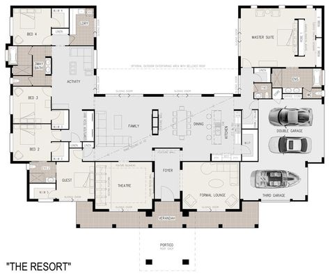 Lakefront House Plans, U Shaped House Plans, U Shaped Houses, Unique Floor Plans, Courtyard House Plans, Casa Country, Lakefront Homes, Courtyard House, Bedroom House Plans