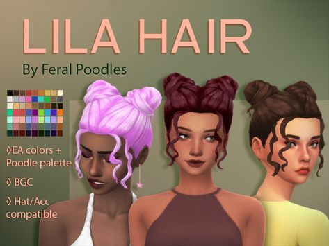 Feralpoodles Sims 4, Sims 4 Curly Hair, Space Buns Hair, House Sims 4, Clay Hair, Cc Hair, Pelo Sims, Sims 4 Mm Cc, Space Buns