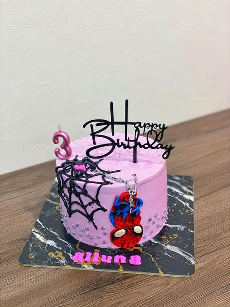 my 6th spiderman cake but this one is for a girl *so exciting🥳 • • • flavor : red velvet cheesecake Girly Spiderman Cake, Pink Spiderman Cake, Girls Spiderman Birthday Party, Spidergirl Cake, Girl Spiderman Party, Ghost Spider Cake, Spidey Cake, Diy Cake Topper Printable, Cake Spiderman