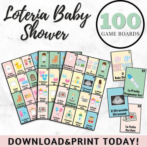 Baby Shower Loteria 100 Cards Spanish-English/Loteria Cards / Mexican Baby Shower Baby Shower Loteria, Juegos Baby Shower, Mexican Baby Shower, Mexican Babies, Bingo Sheets, Baby Shower Party Games, Loteria Cards, A Deck Of Cards, Bingo Cards Printable