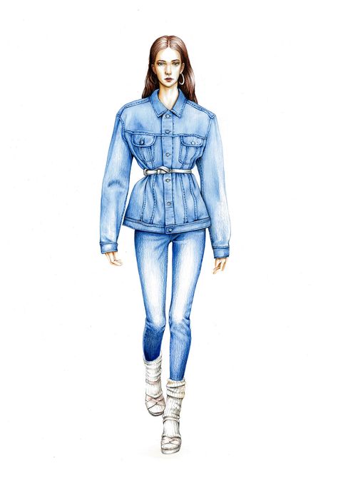 Fashion Illustrations on Behance Denim Dress Drawing, Denim Fashion Illustration Sketches, Denim Outfit Illustration, Denim Drawing Fashion Illustrations, Denim Illustration Sketch, Mankan Illustration, Denim Rendering, Denim Sketch, Denim Illustration