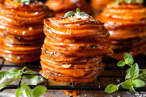 Stacked Sweet Potato Recipes, Sweet Potatoes Stacks, Sweet Potato Stack, Stacked Sweet Potatoes, Honey Butter Sweet Potatoes, Garlic Butter Sweet Potato Stacks, Garlic Potato Stacks, Sweet Potato Stacks Muffin Tins, Hot Honey Sweet Potatoes