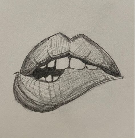 Drippy Lips Drawing, Biting Lip Drawing Reference, Biting Lip Drawing, Lip Bite Drawing, Pencil Art Love, Aesthetic Draw, Lips Sketch, Simple Sketches, Lip Drawing