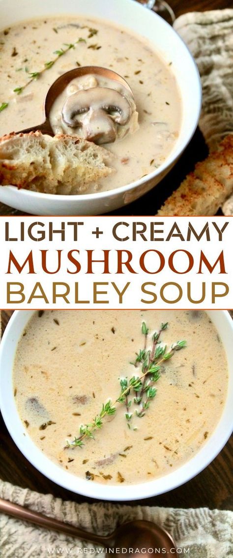 This easy mushroom barley soup is a quick and easy recipe that comes out hot and creamy in minutes as it simmers down in the pot to perfection! #instantpotsoup #mushroomsoup #mushroombarleysoup #instantpotmushroomsoup #creamymushroomsoup #easymushroomsoup One Pot Soup Easy, Easy Cozy Soup Recipes, Mushroom Lunch Recipes, Nutritional Soup Recipes, Vegetarian Mushroom Soup, Mushroom Soup Slow Cooker, Barley Instant Pot, Mushroom Barley Soup Recipe, Healthy Mushroom Soup