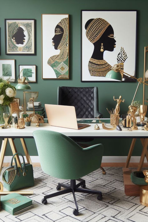 Infuse luxury into your small home office with a palette of emerald green, cream, and gold. This exquisite design maximizes space without sacrificing style, creating an inspiring environment for productivity. Emerald Green Office Decor, Green And Gold Office, Emerald Green Office, Green Office Ideas, Professional Office Design, Green Office Decor, Green Home Office, Offices Ideas, Green Home Offices