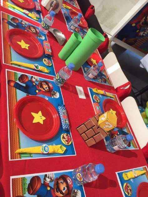 Mario Birthday Party Table Set Up, Super Mario Birthday Table, Super Mario Candy Bags, Mario Party Table, Mario Birthday Party Table Decorations, Super Mario Table Decorations, Super Mario Centerpieces, Super Mario Party Decorations, Princess Peach Party