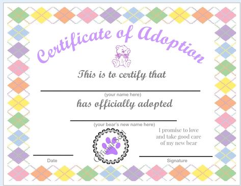 Adopt-a-pet teddy bear adoption certificate. Teddy Bear Birth Certificate, Cute Adoption Certificate, Adopt A Pet Certificate, Teddy Bear Adoption Certificate, Adopt A Teddy, Pet Certificate, Adoption Certificate Template, Freebies Ideas, Baby Dedication Certificate