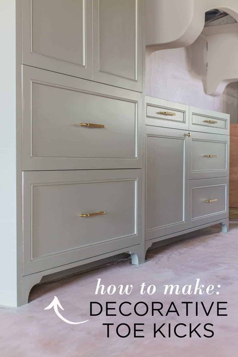 How to Add Decorative Toe Kicks to your Kitchen Cabinets - Jenna Sue Design Cabinet Veneer Kitchen, Add Legs To Cabinet Bathroom Vanities, Frameless Euro Cabinets, Legs For Cabinets, Kitchen Legs Cabinets, Add Legs To Kitchen Cabinets, End Of Builder Grade Cabinets, Add Feet To Bathroom Vanity, Feet On Kitchen Cabinets