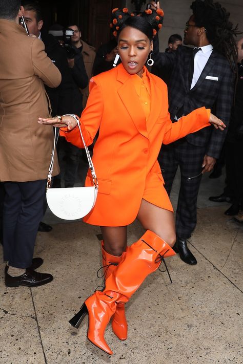 Janelle Monae Wears Orange Boots and a Monochrome Outfit in Paris – Footwear News Orange Monochrome Outfit, Cinnabon Delights, Orange Boots, Janelle Monae, Orange Suit, Chique Outfit, Orange Fits, Janelle Monáe, Monochromatic Outfit