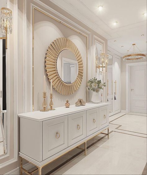 Interior Design Lighting, White And Gold Decor, Elegant Living Room Decor, Luxury House Interior Design, Table Decor Living Room, Dining Room Interiors, Foyer Design, Living Room Design Decor, Cupboard Design