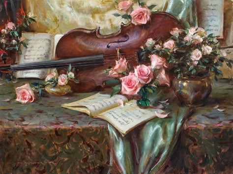 Daniel F Gerhartz, Daniel Gerhartz, Falling Petals, Violin Art, Romantic Paintings, American Painting, Painting Still Life, Still Life Art, Arte Floral