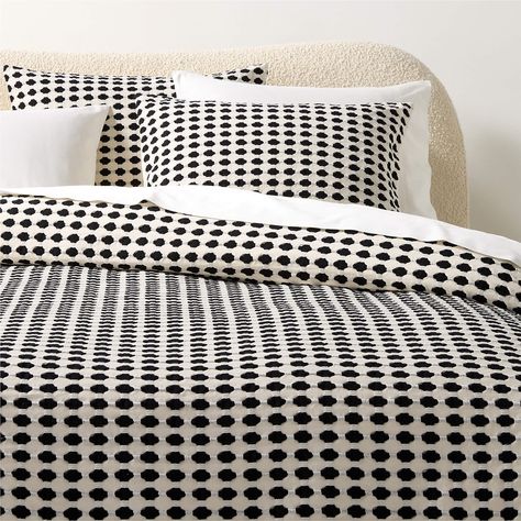 Estela Black and White King Organic Cotton Duvet Cover + Reviews | CB2 Black And White Duvet Cover, White And Black Bedding, White Gold Bathroom, Quilts And Comforters, Dream Home Vision Board, Artsy Home, White Bedspreads, Organic Cotton Pillows, Cabin Vibes