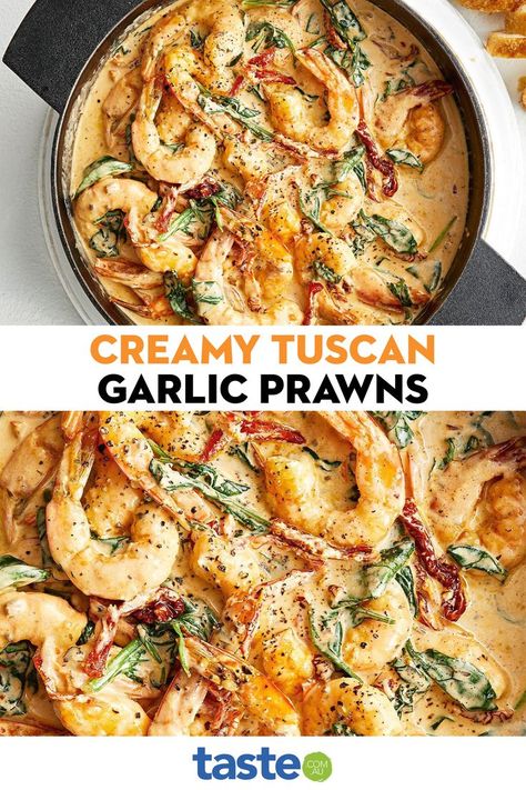 Prawn And Fish Recipes, Creamy Prawns Recipe, Tuscan Prawn Pasta, Italian Prawn Pasta, Garlic Prawns Pasta, Italian Prawn Recipe, Pasta Prawn Recipe, Best Prawn Recipes, Prawn Dishes Recipes