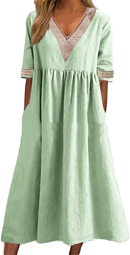 Akivide Women Cotton Midi Dress Summer Loose Short Sleeve V Neck A Line Flowy Beach Eyelet Long Dresses with Pockets A Line Cotton Dress, Tuck Dress, Chic Summer Style, Melbourne Fashion, Maxi Dress For Women, Lace Party Dresses, Gathered Dress, Cotton Linen Dresses, Cute Summer Dresses