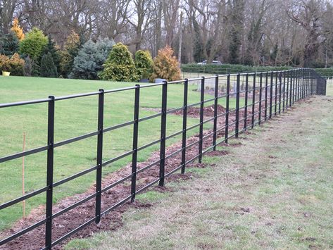 British manufactured estate fencing and parkland fencing | Paddock Fencing Paddock Fencing, Estate Fencing, Pasture Fencing, Shed Landscaping, Garden Railings, English Estate, Barn Stalls, Gates And Railings, Deer Fence