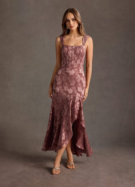 Saskia Vintage Rose Maxi Dress | Azazie Maroon Floral Bridesmaid Dresses, Rustic Rose Bridesmaid Dresses, Vintage Inspired Bridesmaid Dresses, Mixed Floral Bridesmaid Dresses, Bridesmaid Dresses Pattern, Western Chic Wedding Guest Attire, Mauve Formal Dress, Bridesmaid Dresses Purple, Bridesmaid Dresses Fall