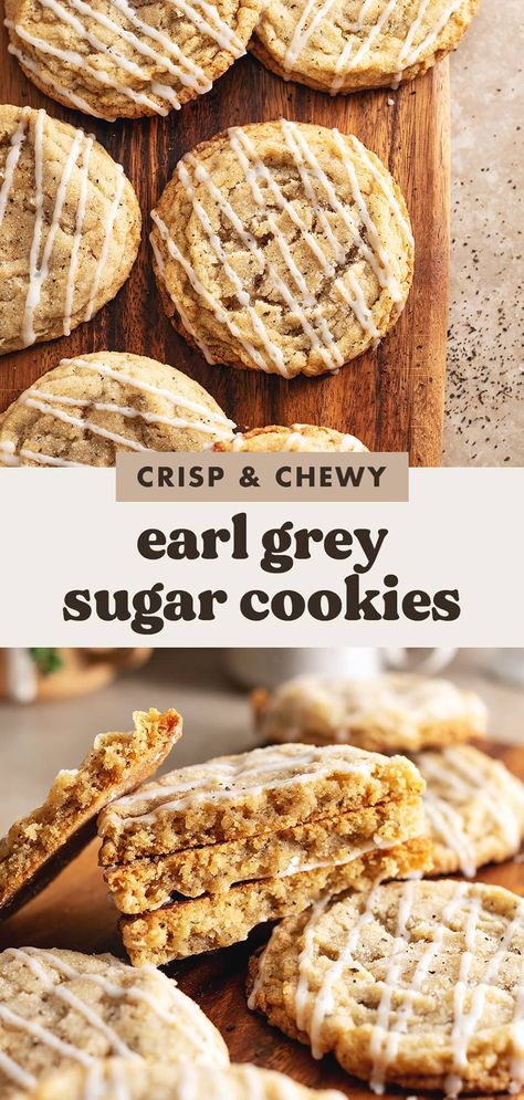 These earl grey sugar cookies are crisp on the outside and chewy in the middle. They're full of earl grey tea flavour and topped with a lemon glaze! #earlgrey #cookies #sugarcookies | teakandthyme.com Earl Grey Sugar Cookies, Earl Gray Cookies, Earl Grey Cookies, Earl Grey, Lemon Icing, Cookie Dough Balls, Grey Tea, Macaroon Recipes, Earl Gray