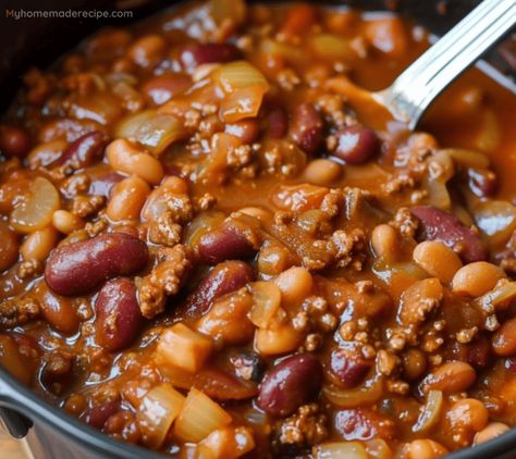 Cowboy Beans Recipe - Hearty and Flavorful - My Home Made Recipe Cowboy Beans Recipe, Cowboy Chili Recipe, Cowboy Baked Beans, Beans With Bacon, Cowboy Beans, Applewood Bacon, Baked Bean Recipes, Baked Asparagus, Baked Bacon