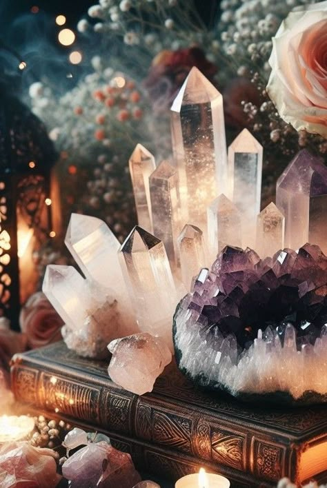 Mineral Stone Decor, Witchy Space Aesthetic, Decor With Crystals And Stones, Witchy Vibe Room, Witchy Candle Aesthetic, Crystal Alter Aesthetic, Witchy Crystals Aesthetic, Crystal Magic Aesthetic, Altar Aesthetic Witch