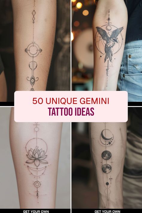 Looking for some inspiring Gemini tattoo ideas? Check out this collection of 50 unique designs that beautifully feature the Gemini symbol in various styles! From elegant floral tattoos to stunning bird designs and mystical moon motifs, there's something here for every Gemini lover. Discover the rich meanings behind each design and find the perfect tattoo to express your dual nature Gemini Wrist Tattoos For Women, Gemini Tattoo Designs For Women, Gemini Spine Tattoo, Gemini Moon Tattoo, Gemini Tattoo For Women Unique, Small Gemini Tattoo For Women, Gemini Star Sign Tattoo, Geometric Gemini Tattoo, Gemini Tattoos For Women