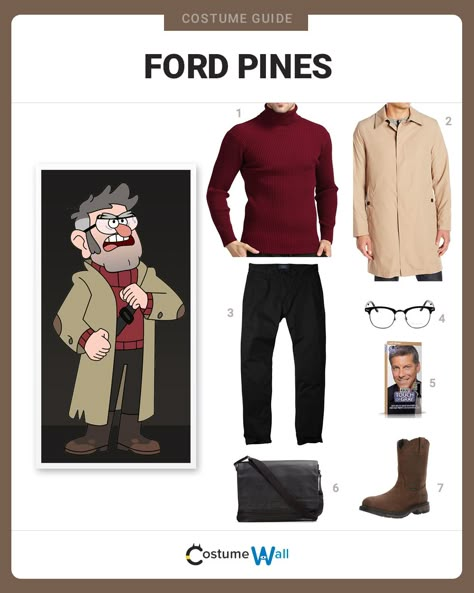 The best cosplay guide for dressing like Ford Pines, the twin brother of Grunkle Stan who disappeared in the Disney show Gravity Falls. Disney Characters Cosplay, Ford Pines Gravity Falls, Ford Pines Cosplay, Stanford Pines Cosplay, Gravity Falls Outfit, Gravity Falls Costumes, Disneyland Halloween Party, Gravity Falls Cosplay, Disney Themed Outfits