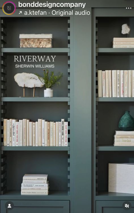 Built In Bookshelves Paint Color, Painted Built In Bookshelves, Built In Bookshelves, Painted Bookshelves, Office Den, Green Paint Colors, Media Wall, Green Paint, Built Ins