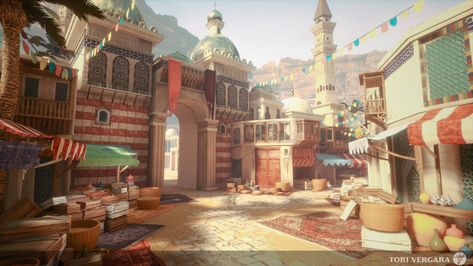 Persian Market, Tori Vergara on ArtStation at https://www.artstation.com/artwork/Z4rzw Harbor City, 3d Environment, Cloud City, Location Inspiration, Book Illustration Art, Fantasy City, Fantasy Castle, Fantasy Setting, Visual Development