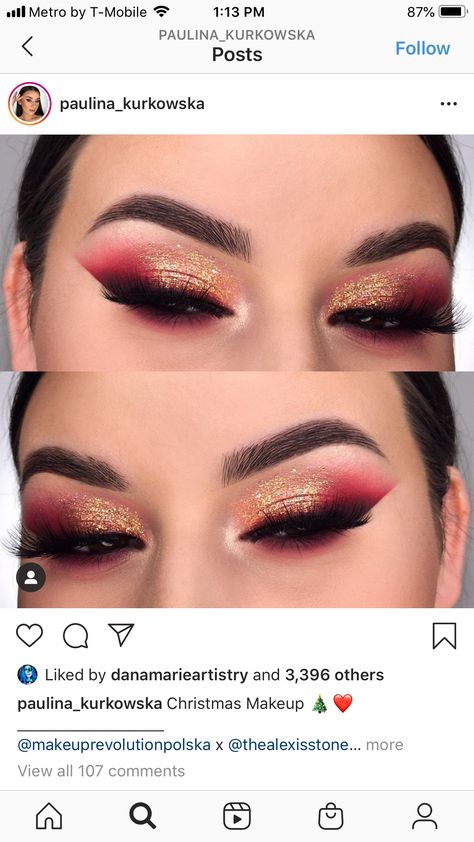 Gold Red Makeup Looks, Red Prom Makeup For Blue Eyes, Gold And Red Eye Makeup, Red And Gold Eyeshadow Looks For Quince, Red And Gold Prom Makeup, Red Black And Gold Makeup, Red Sparkly Makeup, Red And Gold Wedding Makeup, Red And Gold Smokey Eye