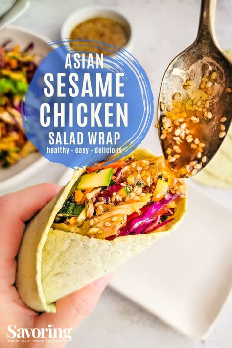 Chicken Wraps Dinner, Asian Chicken Wrap Recipes, Asian Wraps Tortilla, Asian Chicken Salad Wrap, Chicken Salad Wrap Healthy, Thai Chicken Salad Wraps, Chinese Chicken Salad Wrap, Asian Chicken Wraps Tortillas, Honey Sesame Chicken Salad Wraps