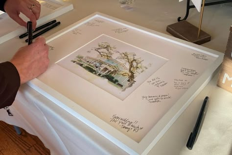 This couple got a watercolor painting of their venue and the guests signed the mat. What a perfect, personal touch! Venue Painting Guest Book, Venue Sketch, Memory Table, January Wedding, Guest Signing, Spring 2025, Wedding Spring, Guest Book Sign, Guest Books