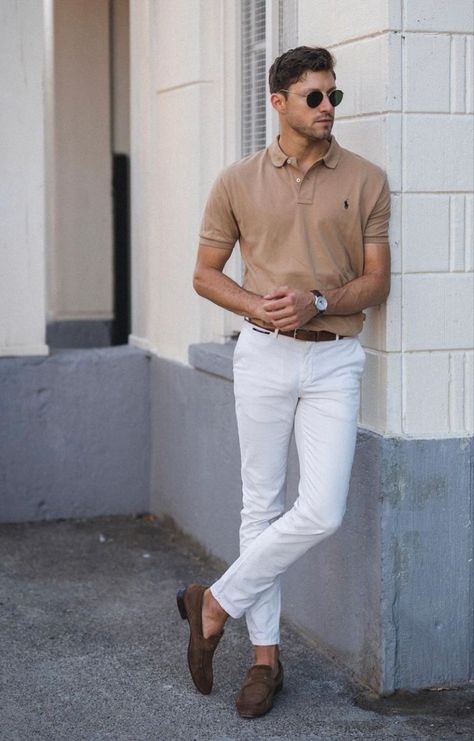 Blackberry Reference, Beige Polo Outfit Men, Summer Formal Men, White Polo Shirt Outfit Men, White Pants Outfit Men, White Beige Outfit, Old Money Outfit Ideas, Man Dress Design, Money Men