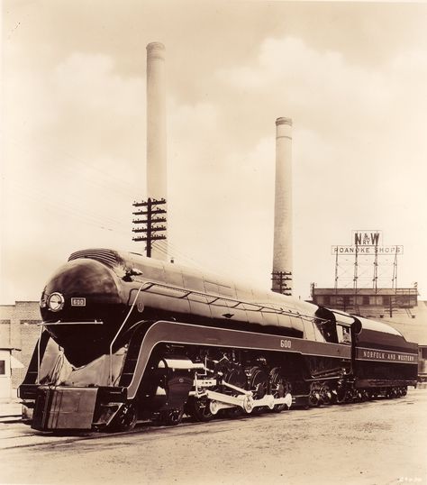 Builder's Photo of Norfolk & Western Class 'J' number 600 at the N&W Roanoke VA yards sometime in the 1950's... Only number 611 survives... Abandoned Trains, Steam Engine Trains, Norfolk Southern, Roanoke Va, Train Art, Lionel Trains, Old Trains, Model Railroading, Civic Center