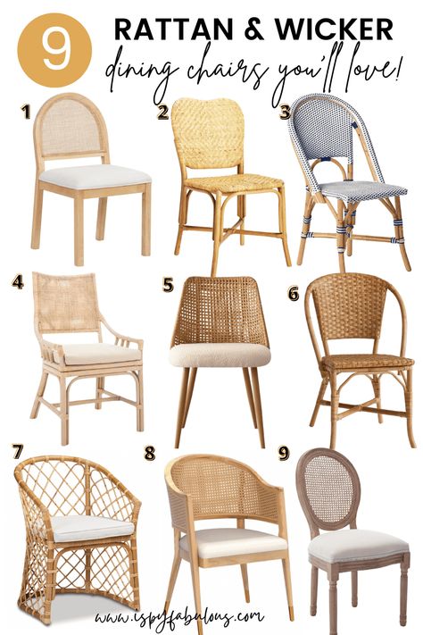 rattan dining chairs Coastal Dining Chairs, Boho Dining Chairs, Woven Dining Chairs, Boho Lounge, Boho Chair, Wicker Dining Chairs, Rattan Dining, Coastal Home Decor, Kitchen Cabinets Decor