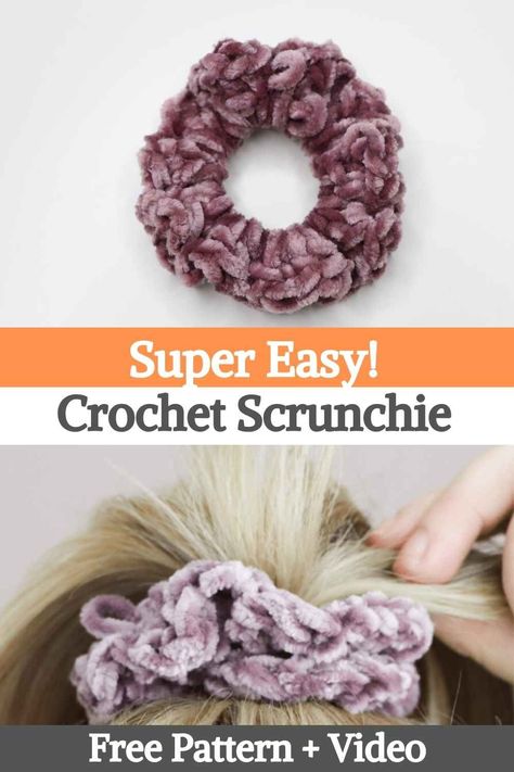 Crochet Scrunchies Velvet, Crochet Velvet Scrunchie Pattern Free, Crochet Velvet Scrunchie, Crochet Hair Scrunchies Free Pattern, Crochet Scrunchie Pattern Free, Bernat Velvet, Crochet Scrunchie, Super Easy Crochet, Jumbo Yarn